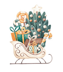 Watercolor hand drawn Christmas illustration. Santa sleigh with Christmas tree, git boxes, candy canes. Cute kid design for greeting card, banner, invitation. Christmas sleigh