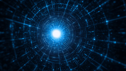 Obraz premium Abstract blue glowing tunnel of light and energy with intricate geometric patterns and radiating lines