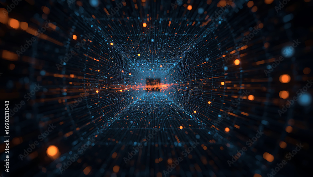 Poster abstract digital tunnel with glowing lights and futuristic technology patterns creating a sense of s