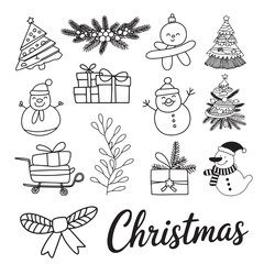 Christmas santa illustration elements vector line drawing set isolated on a white background