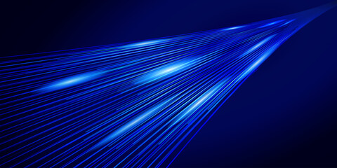 Abstract digital perspective with glowing blue light speed lines representing data transfer, high speed internet, and futuristic technology on a dark background.