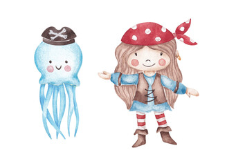 Pirate girl and octopus hand drawn with watercolor. Cute kids clip art in cartoon style. Characters for birthday card, banner, invitation