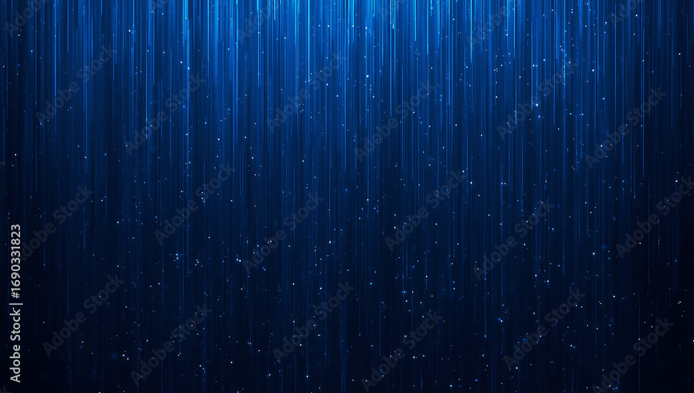 Poster abstract deep blue digital rain effect with glowing particles and light streaks creating a futuristi
