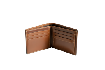 A classic brown leather bi fold wallet opened to reveal its card slots and compartments isolated on transparent background