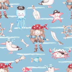 Seamless pattern with pirates and sea animals hand drawn by watercolor. Cute kid design in cartoon style. For textile, fabric, clothing, wallpaper, packaging 
