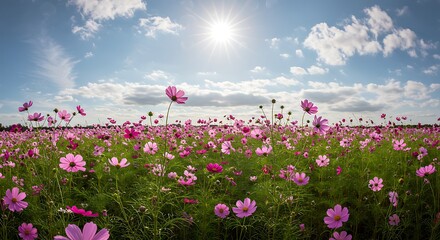 Vibrant cosmos flowers field under a bright sunny sky.