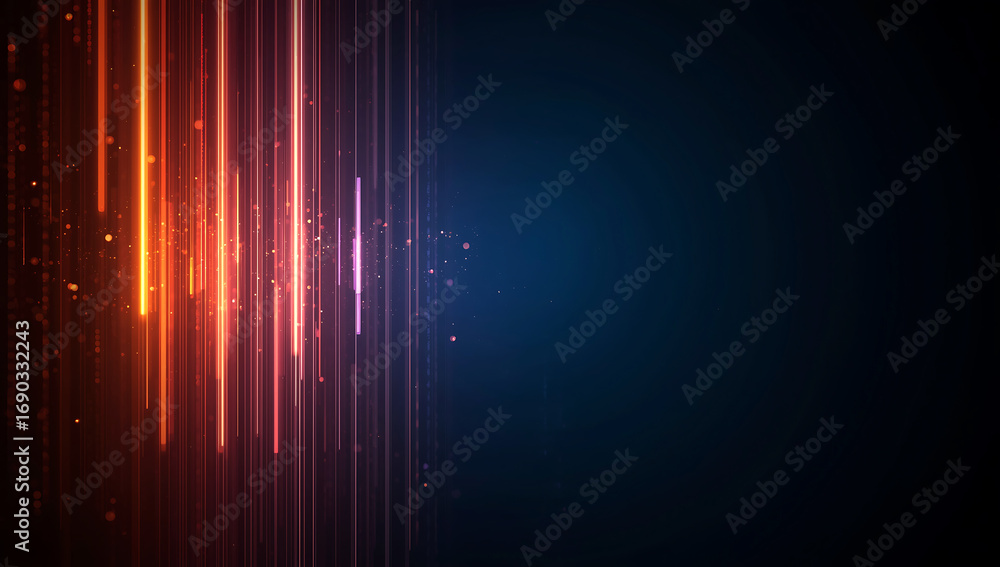 Poster abstract vertical streaks of orange and red light trails against a dark blue background with subtle 