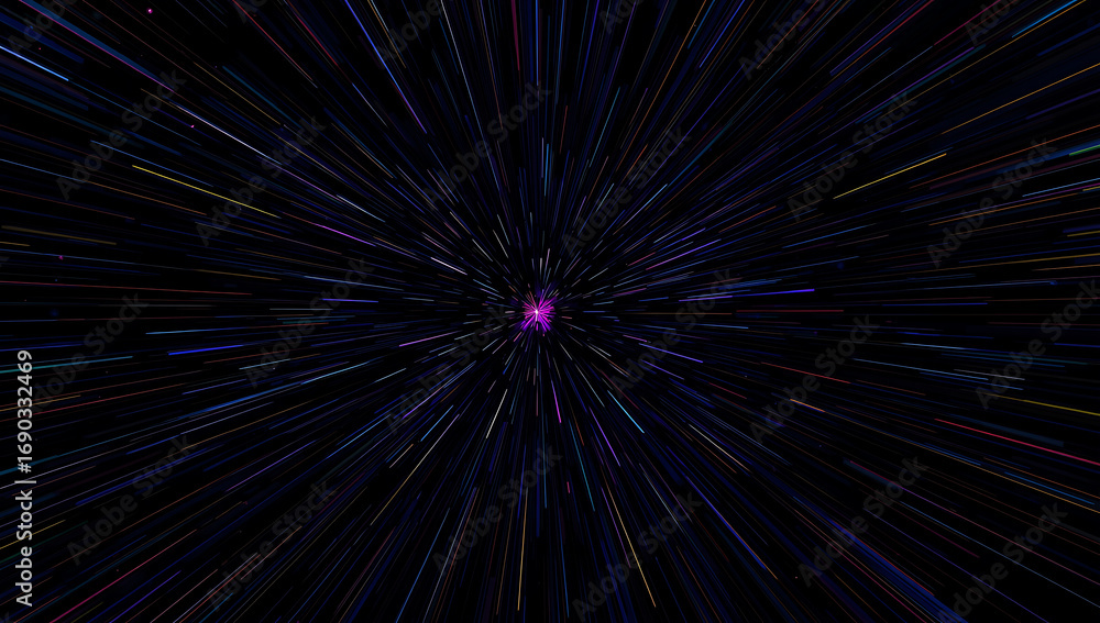 Poster abstract dark purple cosmic nebula with glowing particles and light streaks creating a sense of deep