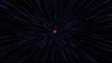 Abstract dark purple cosmic nebula with glowing particles and light streaks creating a sense of deep space exploration