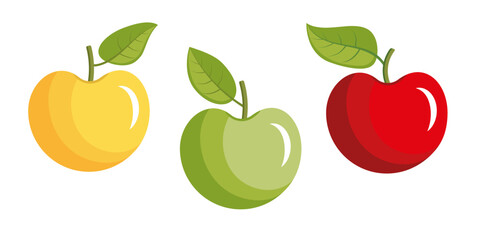 Three apples - red, yellow and green. Vector icons. Flat design.