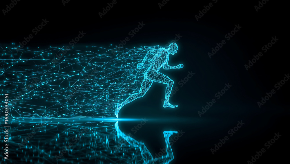 Poster futuristic digital human silhouette running fast with glowing particles and reflection on dark backg