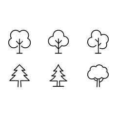 Simple hand drawn line art icons of various tree styles on a white background