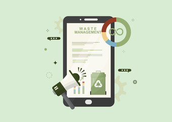 Mobile Waste Management App. Sustainable business solutions. Smart waste management solutions. Digital tools for waste monitoring. Eco-friendly production leadership. Flat style. Vector illustration