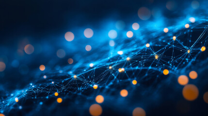 Exploration of abstract network connections illuminated by vibrant blue and orange lights