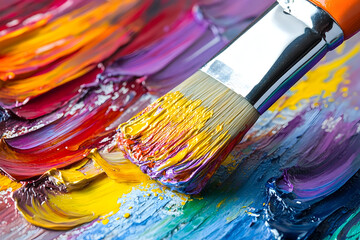 Fototapeta premium Close up of a well used paintbrush with vibrant strokes for artistic inspiration
