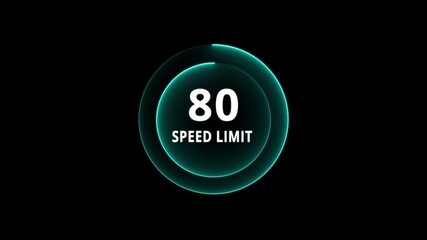 Dynamic road speed limit 80 graphic with futuristic blue neon glow effect on a black background for presentations and technology. Road speed limit 80 mph sign board,circle neon line template