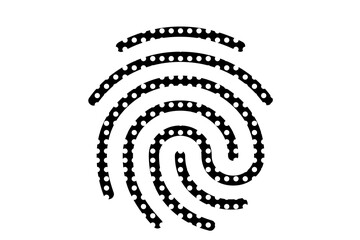 Black and white abstract representation of a fingerprint composed of dots and curved lines on a white background