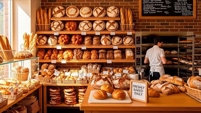 A bustling bakery interior with shelves laden with various breads and pastries a person working at ovens and a counter displaying baked goods under warm light