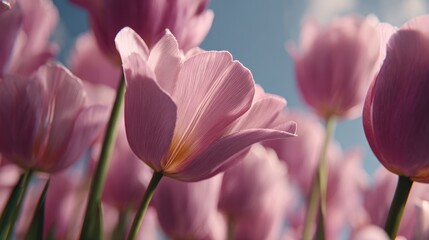Fototapeta premium Pink Tulips Blooming in Bright Sunlight in a Garden