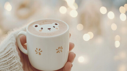 Hand holding white ceramic cappuccino cup with cute bear face foam