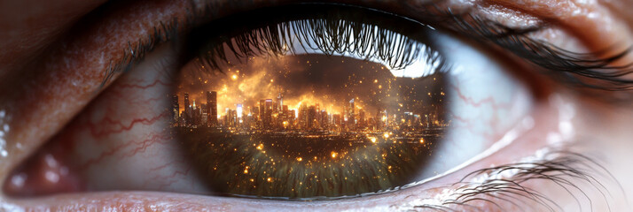 Closeup human eye reflecting massive fire destroyed city, apocalyptic theme, background