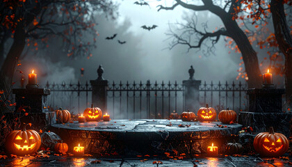 3D rendering of a gothic Halloween stage, black stone podium, candlelit pumpkins, bats flying in the background, wrought iron fence, twisted dead trees.3