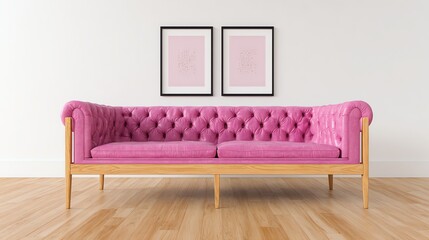 A vibrant pink tufted sofa sits centered in a bright, minimalist room, complemented by two framed prints, creating a modern and inviting interior aesthetic.