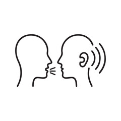 Verbal Communication Icon, Person Speaking and Listening, Mouth to Ear Line Art Symbol.
