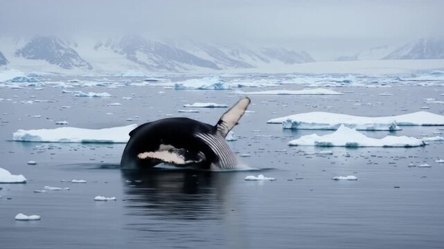 Humpback whale breaching in arctic ice