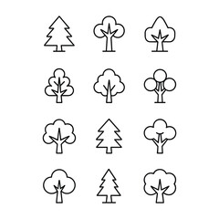 Collection of simple hand drawn tree icons in black outline style