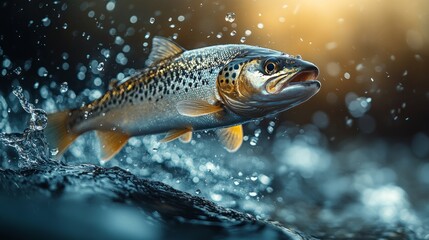 A brown trout leaps from the water, splashing as sunlight glimmers on its vibrant colors