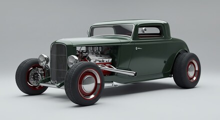 Green hot rod with exposed engine on a neutral background in studio shot
