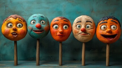 Five vibrant, handmade caricatures display unique and playful expressions, set against an artistic blue backdrop
