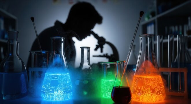Silhouette scientist examining samples with microscope in a laboratory with colorful liquids