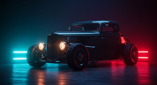 Black hot rod with neon lights on a dark background in studio shot - Powered by Adobe