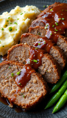 Sliced meatloaf with fresh basil and ripe tomato isolated on dark background