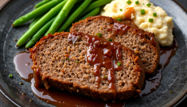 Delicious homemade meatloaf slices with basil and tomato garnish on dark plate