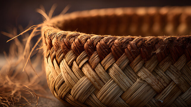 Wicker basket weave craft closeup. Basket weave woven texture. Straw crafted basket, asket of straw