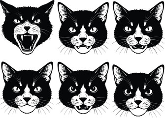 Obraz premium (101)Cat Expressions Doodle Set – Black and White Vector Illustrations of Feline Faces Showing Emotions from Calm to Fierce