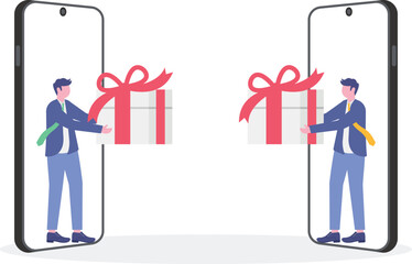 Gift-opening party, sharing gifts online, greeting cards concept with tiny people.

