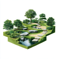 Serene landscape garden design featuring winding path, lush greenery, tranquil water features, and natural stones creates peaceful atmosphere