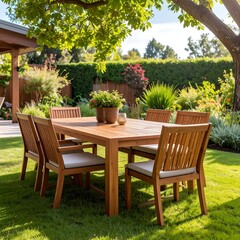 Wooden outdoor dining set in a garden