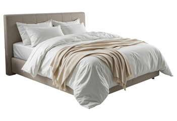 A Modern Upholstered Bed, Cut Out, Clipping Path, Isolated on a Transparent PNG Background.