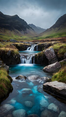 Enchanting turquoise river cascading down mountains in Iceland's serene landscape, perfect for travel