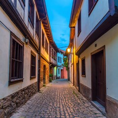 Fototapeta premium Old European cobblestone street at twilight