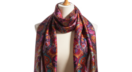 Vibrant paisley patterned silk scarf on a tailor's mannequin