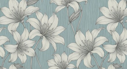 Large white lily flowers on textured blue background, seamless pattern