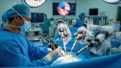 A medical professional gowned and masked operates on a patient with the aid of robotic surgical instruments in a brightly lit operating room monitored by screens - Powered by Adobe