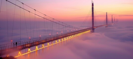 Illuminated bridges gracefully connecting majestic mountain peaks under a twinkling starlit sky
