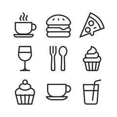 Black outline icons of food and beverages. Includes coffee, burger, pizza, cupcake, wine, juice, utensils, and more. Ideal for apps, websites, and restaurant design projects
